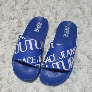 Versace Blue and White Slide Sandals
